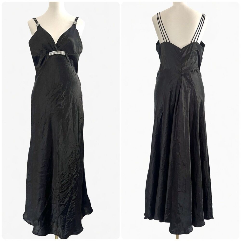 VTG Let's Fashion Black Y2K Embellished Detail Satin Iridescent Maxi Dress sz M